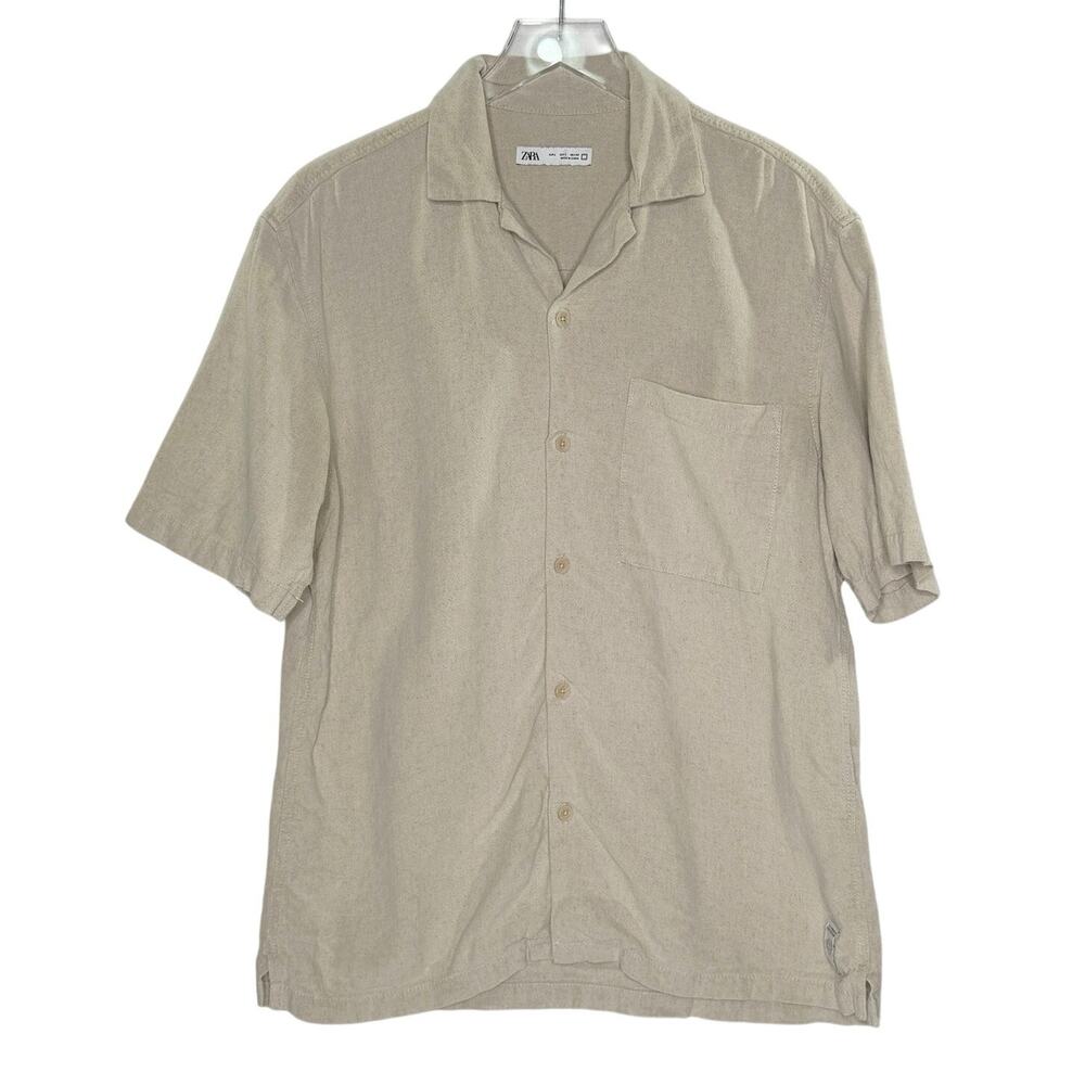 Zara Mens Tan Button Front Short Sleeve Shirt L Linen Blend Pocket Summer Travel